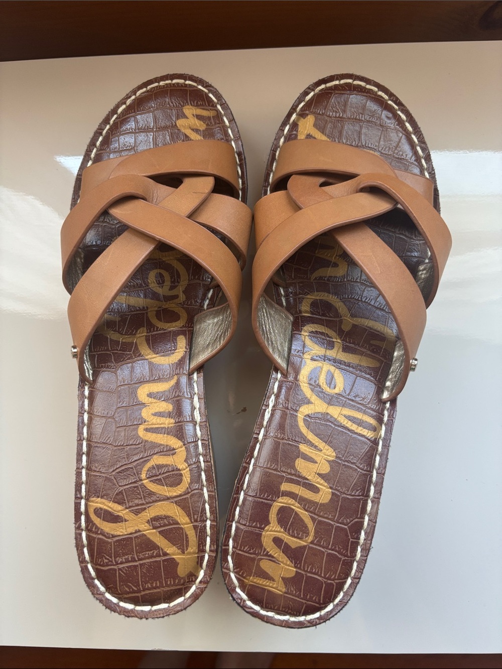 Sam Edelman Tan Brown Croc-Effect Slide Sandals